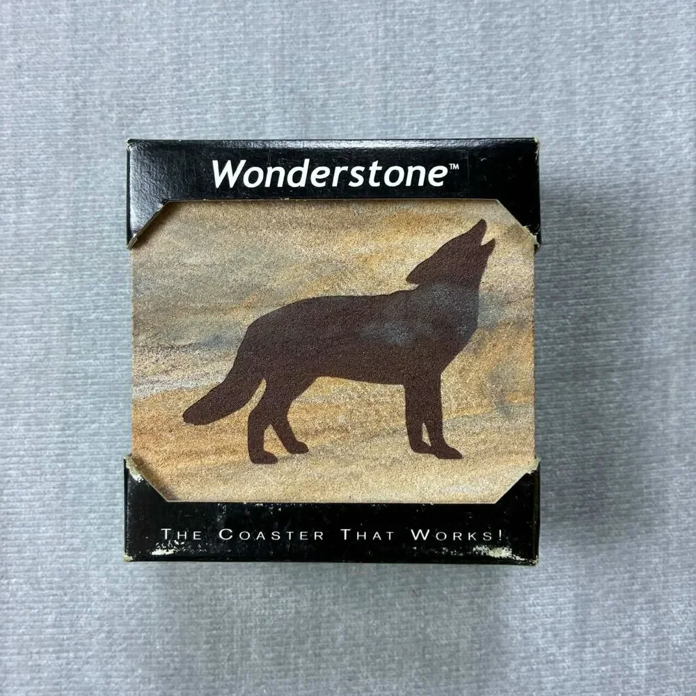 Wonderstone Wolf Sandstone Coasters Set of 4 Windwalker Studios Arizona Box